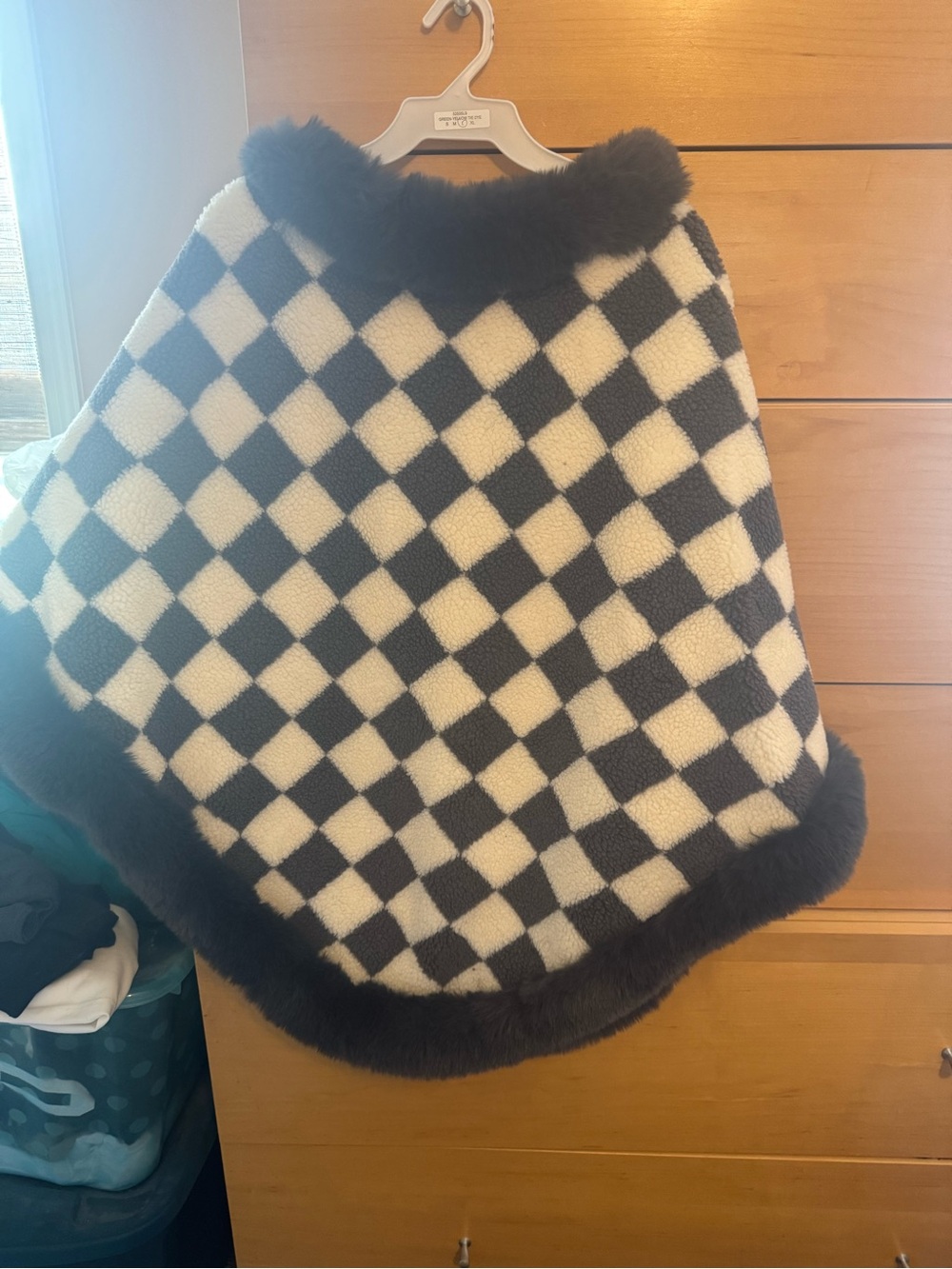 Black & White Checkered Faux Fur Trim Cape